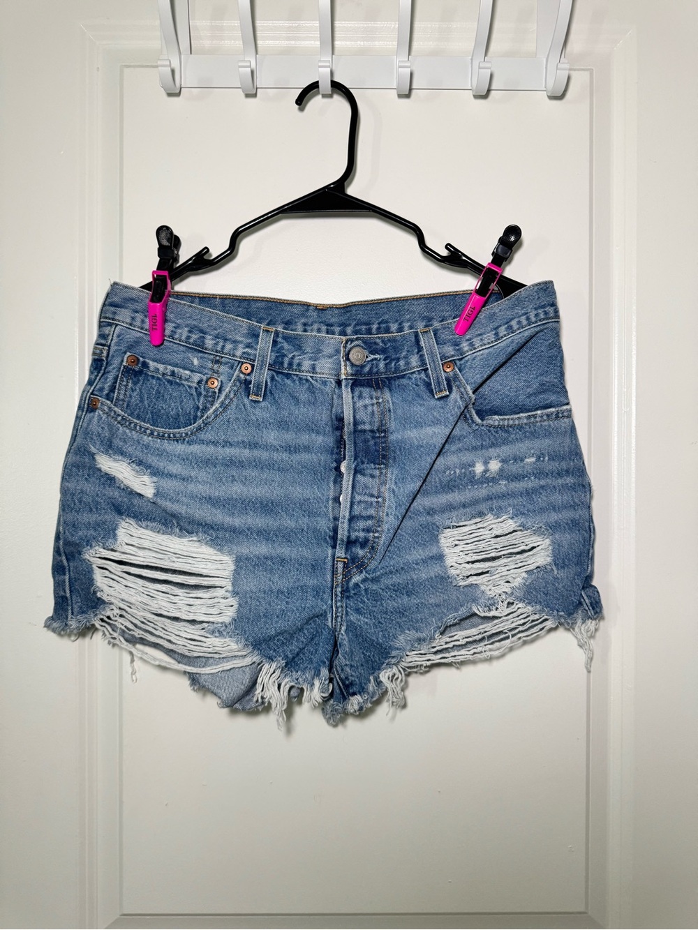 Levi's Ripped Light Blue High-Rise Jean Shorts